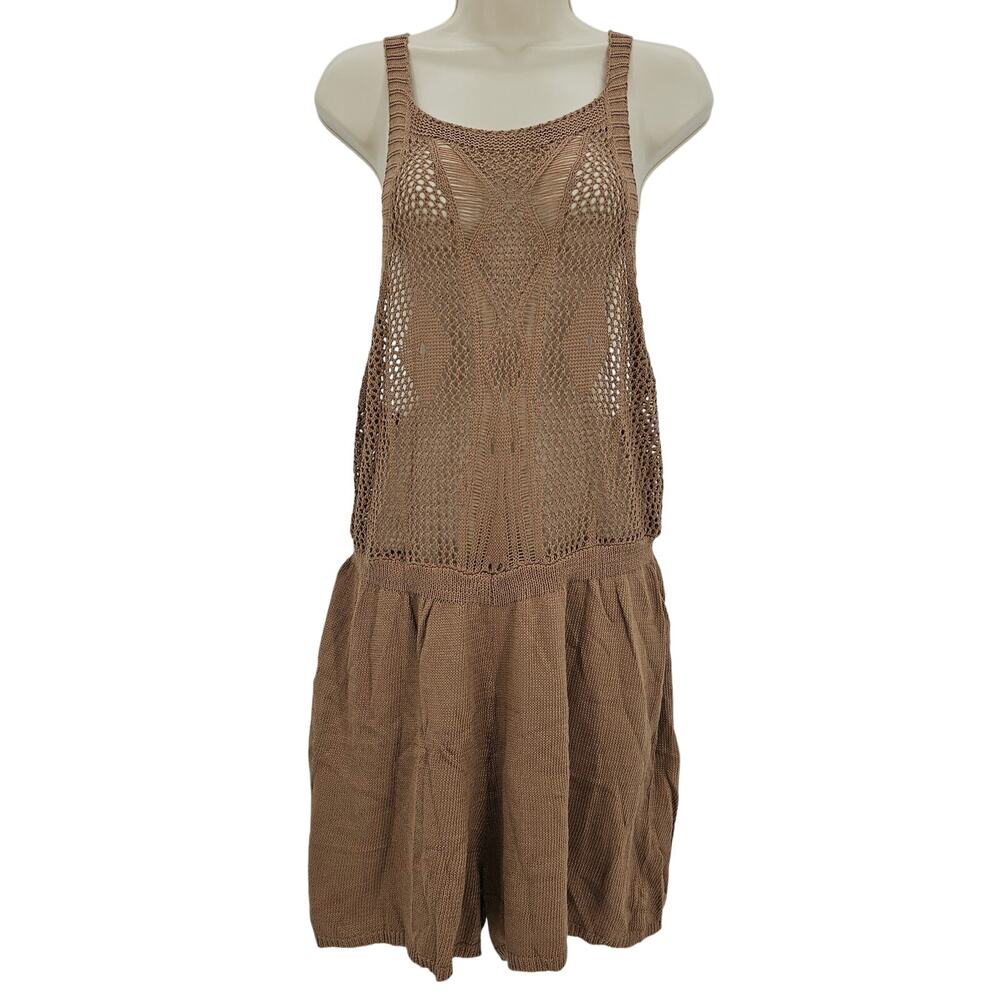 Cupshe Womans size L Crochet Round Neck Swimsuit Cover Up Tank Romper Brown NEW